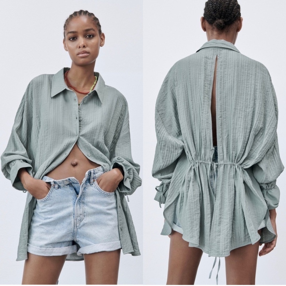 Zara Green Oversized Long Sleeve Button Down Shirt Open Back